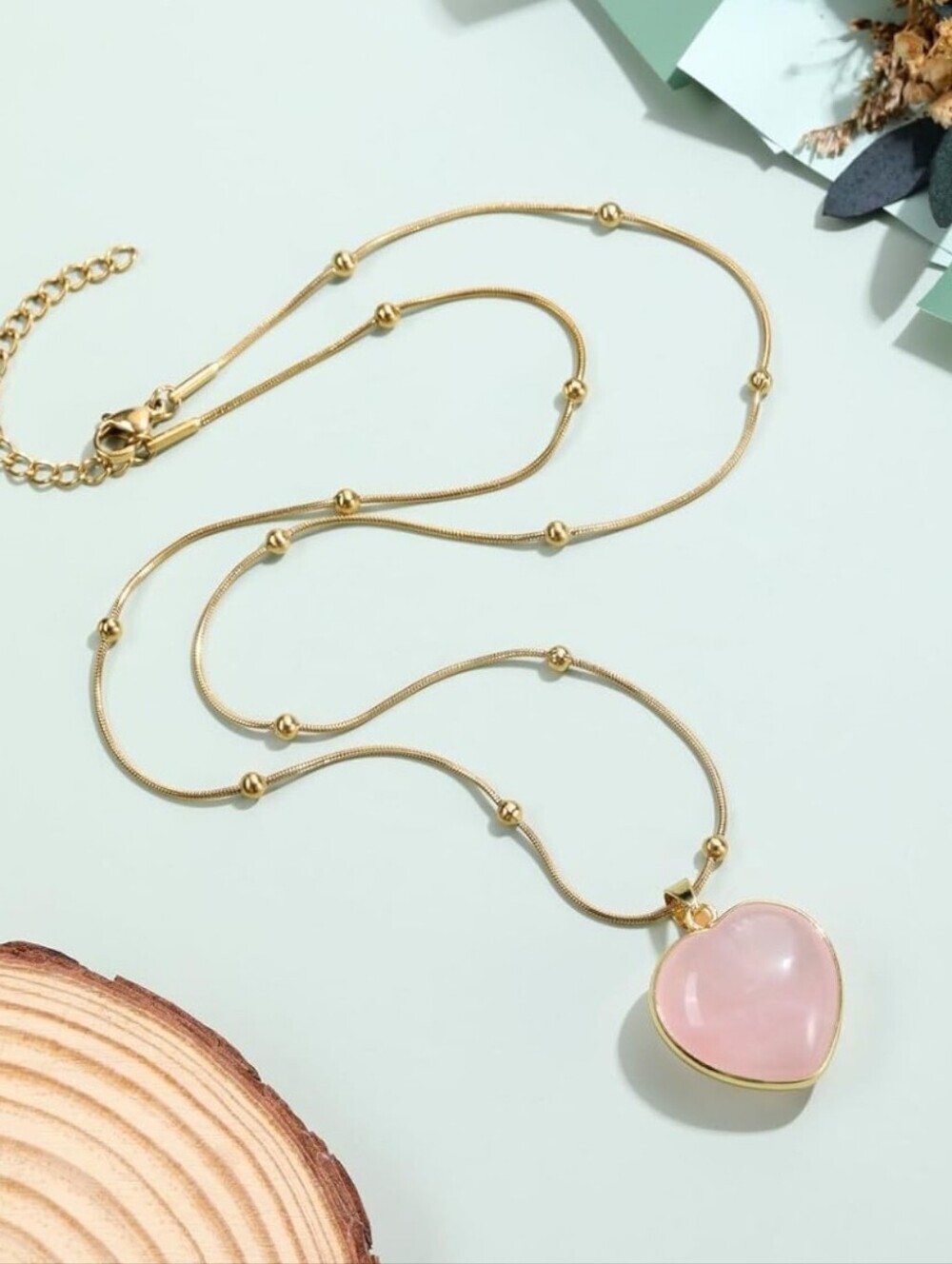 Gold Beaded Necklace with Pink Heart Pendant